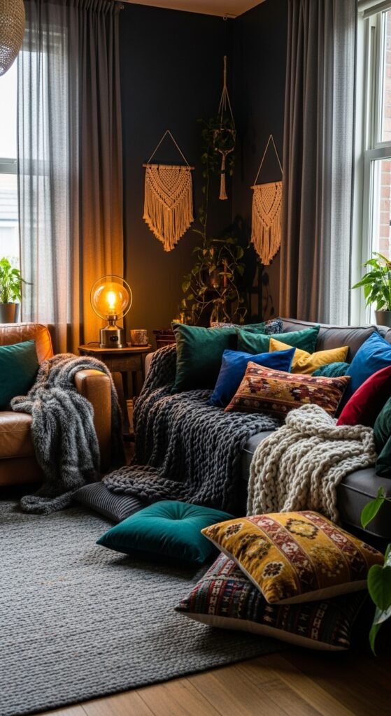 A beautifully transformed moody living room featuring dark walls, warm layered lighting, plush velvet sofa, rich wood furniture, heavy curtains, and curated accessories, showcasing 25 moody living room ideas to create a cozy and dramatic haven at home.
