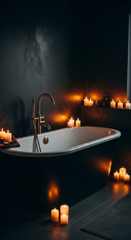 A beautifully transformed moody bathroom featuring dark walls, black tile, warm layered lighting, gold brass fixtures, freestanding tub, and lush plants, showcasing 20 moody bathroom ideas to create a dramatic and luxurious sanctuary at home.