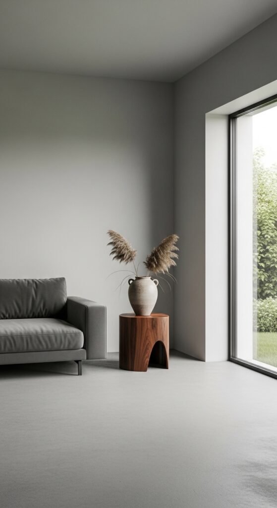 A beautifully styled quiet luxury living room featuring neutral tones, fresh white flowers, quality leather books, cashmere throw, and soft natural light, illustrating 20 rich life aesthetic ideas on how to cultivate quiet luxury and an elevated lifestyle without breaking the bank.