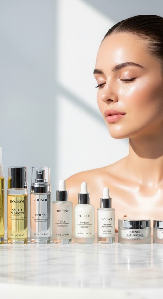 A breathtaking close-up beauty portrait of a woman with flawless dewy glass skin reflecting light beautifully, surrounded by elegant Korean skincare products on a white marble surface, showcasing 15 glass skin routine ideas as a complete guide to achieving the ultimate Korean glow.