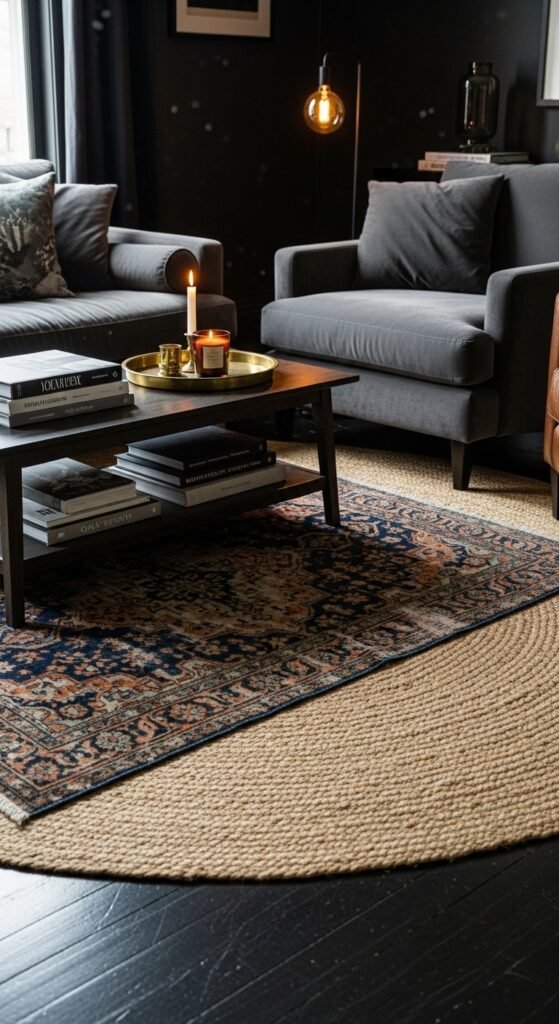 A beautifully transformed moody living room featuring dark walls, warm layered lighting, plush velvet sofa, rich wood furniture, heavy curtains, and curated accessories, showcasing 25 moody living room ideas to create a cozy and dramatic haven at home.