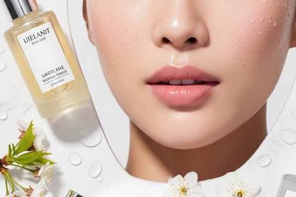 A breathtaking close-up beauty portrait of a woman with flawless dewy glass skin reflecting light beautifully, surrounded by elegant Korean skincare products on a white marble surface, showcasing 15 glass skin routine ideas as a complete guide to achieving the ultimate Korean glow.