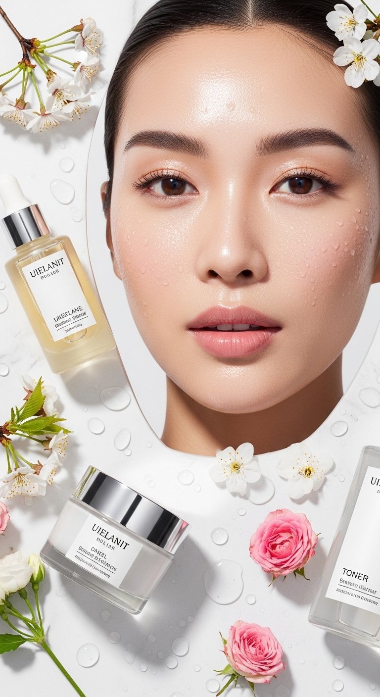 A breathtaking close-up beauty portrait of a woman with flawless dewy glass skin reflecting light beautifully, surrounded by elegant Korean skincare products on a white marble surface, showcasing 15 glass skin routine ideas as a complete guide to achieving the ultimate Korean glow.