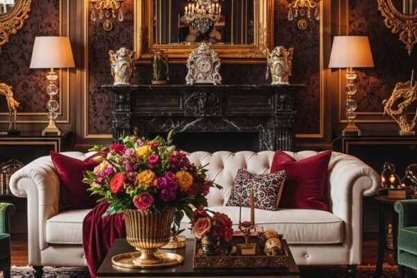 A breathtaking luxury lifestyle aesthetic living room featuring rich jewel toned decor, gold accents, layered textures, dramatic lighting, and curated art, showcasing 15 luxury lifestyle aesthetic ideas to transform your everyday space into an extraordinary and opulent experience.