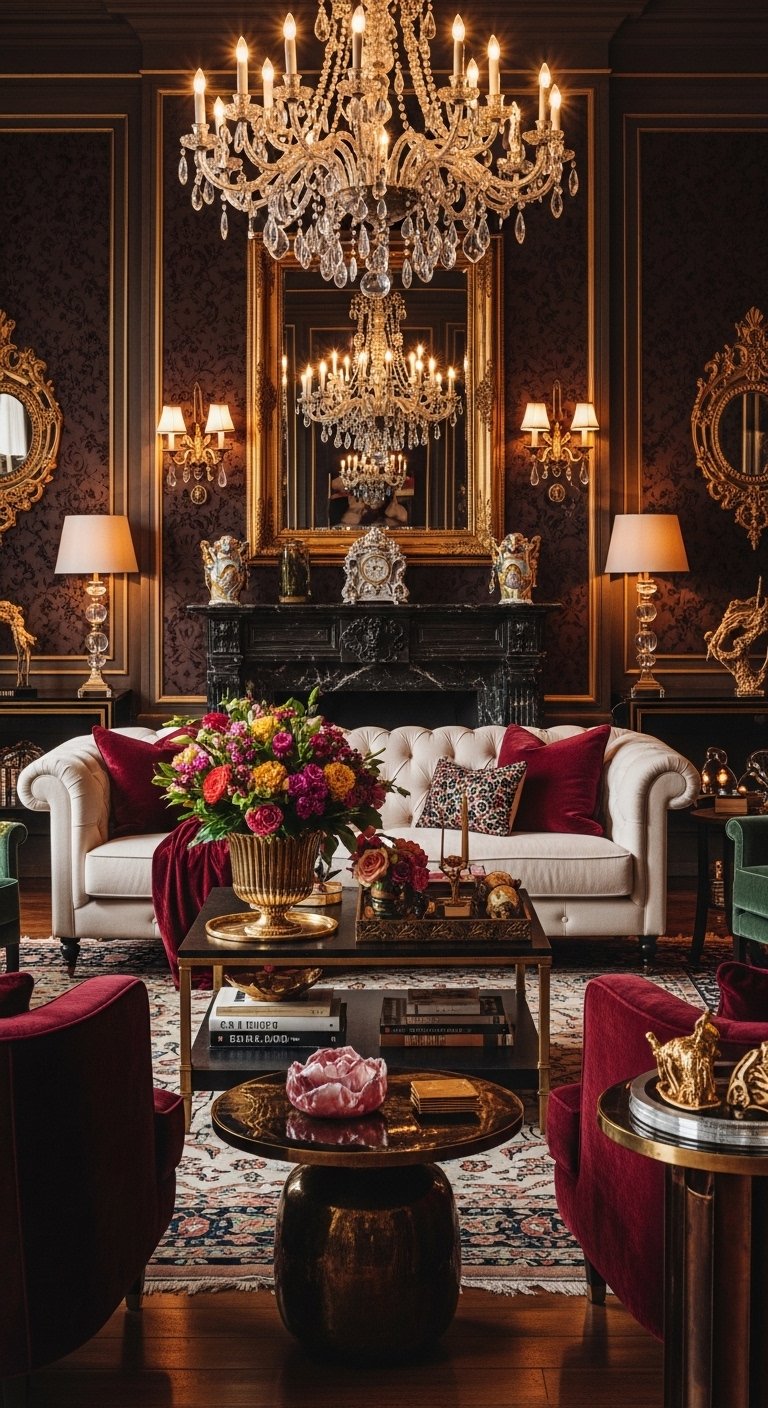 A breathtaking luxury lifestyle aesthetic living room featuring rich jewel toned decor, gold accents, layered textures, dramatic lighting, and curated art, showcasing 15 luxury lifestyle aesthetic ideas to transform your everyday space into an extraordinary and opulent experience.