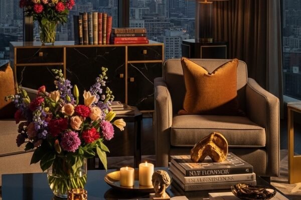 A beautifully styled luxury lifestyle scene featuring an elegant penthouse living room with fresh flowers, gold accents, quality books, warm dramatic lighting, and floor-to-ceiling city views, showcasing 24 luxury lifestyle ideas to transform your everyday existence into an extraordinary and fulfilling life.