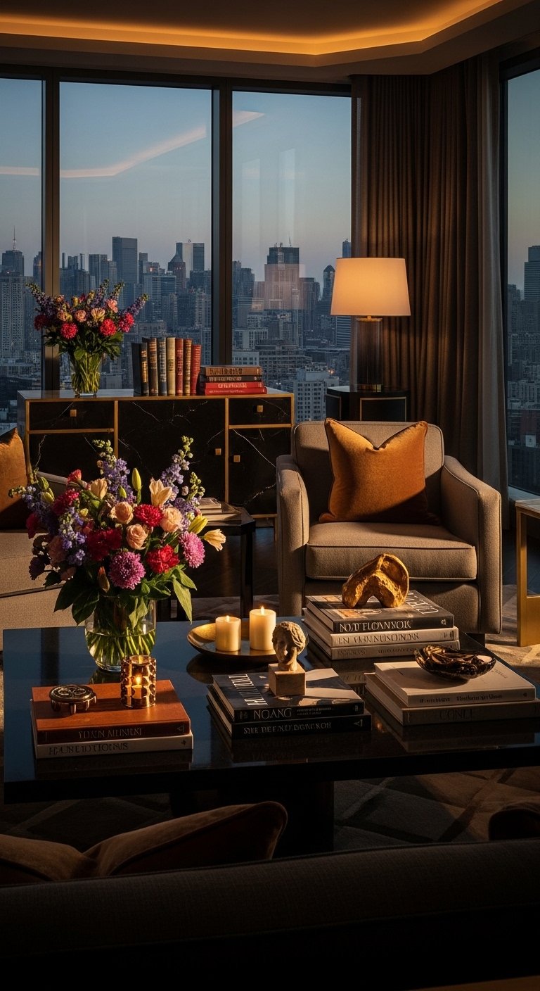 A beautifully styled luxury lifestyle scene featuring an elegant penthouse living room with fresh flowers, gold accents, quality books, warm dramatic lighting, and floor-to-ceiling city views, showcasing 24 luxury lifestyle ideas to transform your everyday existence into an extraordinary and fulfilling life.