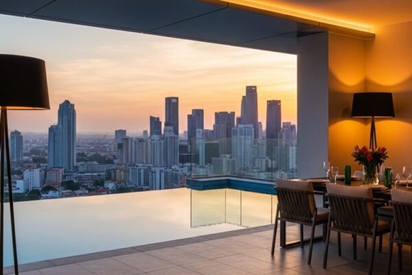 A breathtaking aspirational luxury lifestyle dreams scene featuring a stunning penthouse terrace with infinity pool, champagne, fresh flowers, and golden hour city skyline views, showcasing 23 luxury lifestyle dreams ideas to inspire and guide you in building your ultimate dream life starting today.