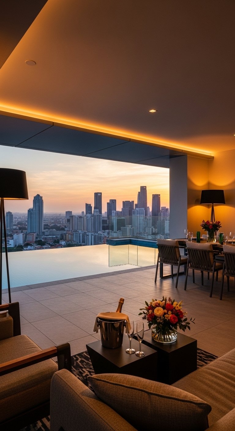 A breathtaking aspirational luxury lifestyle dreams scene featuring a stunning penthouse terrace with infinity pool, champagne, fresh flowers, and golden hour city skyline views, showcasing 23 luxury lifestyle dreams ideas to inspire and guide you in building your ultimate dream life starting today.