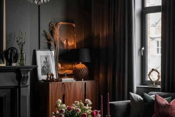 A beautifully transformed moody living room featuring dark walls, warm layered lighting, plush velvet sofa, rich wood furniture, heavy curtains, and curated accessories, showcasing 25 moody living room ideas to create a cozy and dramatic haven at home.