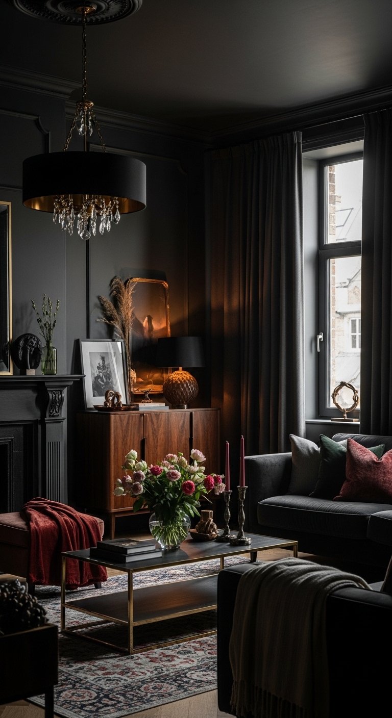 A beautifully transformed moody living room featuring dark walls, warm layered lighting, plush velvet sofa, rich wood furniture, heavy curtains, and curated accessories, showcasing 25 moody living room ideas to create a cozy and dramatic haven at home.