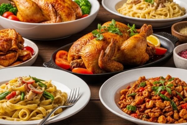 A beautifully styled spread of multiple delicious chicken dinner dishes including golden roasted chicken, creamy pasta, and spicy stir fry arranged on a rustic wooden dining table, showcasing 20 chicken dinner ideas that are easy, flavorful, and perfect for saving your sanity on busy weeknights.