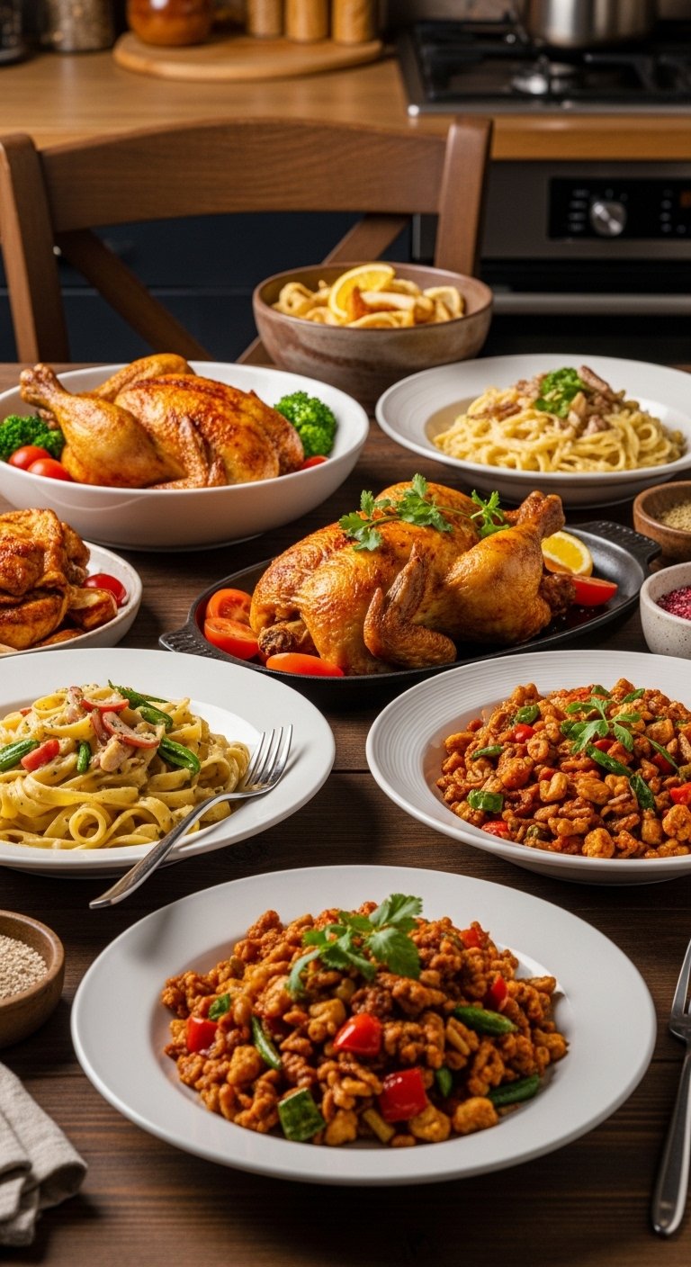 A beautifully styled spread of multiple delicious chicken dinner dishes including golden roasted chicken, creamy pasta, and spicy stir fry arranged on a rustic wooden dining table, showcasing 20 chicken dinner ideas that are easy, flavorful, and perfect for saving your sanity on busy weeknights.