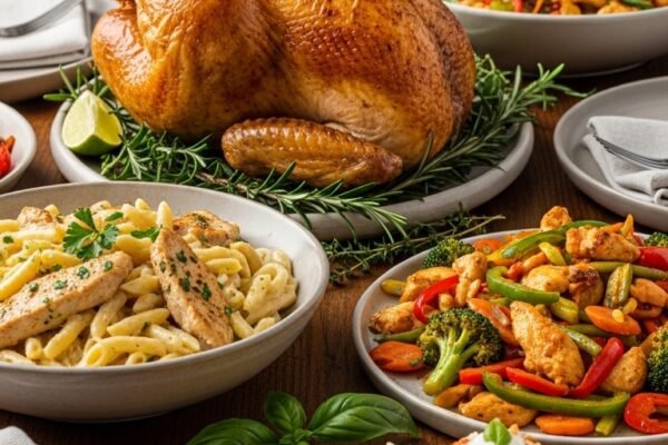 A beautifully styled spread of multiple delicious chicken dinner dishes including golden roasted chicken, creamy pasta, tacos, and stir fry arranged on a rustic wooden dining table, showcasing 15 dinner ideas with chicken that are easy, flavorful, and perfect for every night of the week.