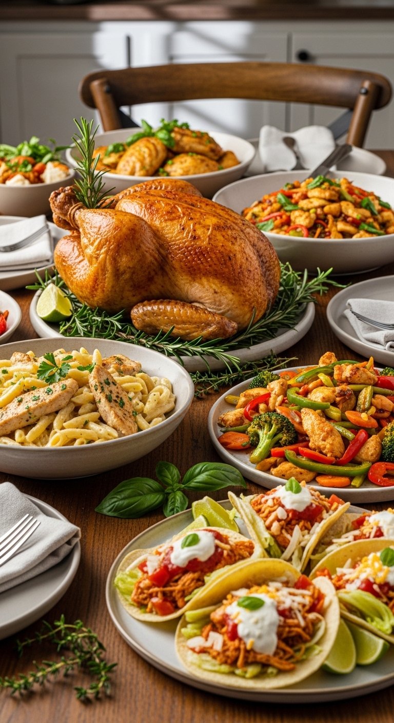 A beautifully styled spread of multiple delicious chicken dinner dishes including golden roasted chicken, creamy pasta, tacos, and stir fry arranged on a rustic wooden dining table, showcasing 15 dinner ideas with chicken that are easy, flavorful, and perfect for every night of the week.