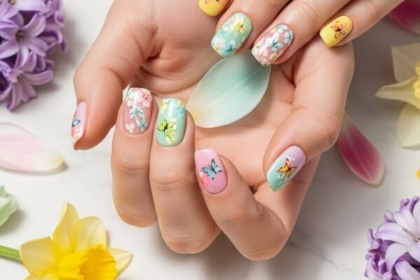 A stunning spring nails editorial featuring beautifully manicured hands with pastel florals, butterfly accents, glazed donut chrome, and vibrant color-blocked designs surrounded by fresh spring flowers, showcasing 20 spring nails ideas for fresh blooming manicures to welcome the sunshine.