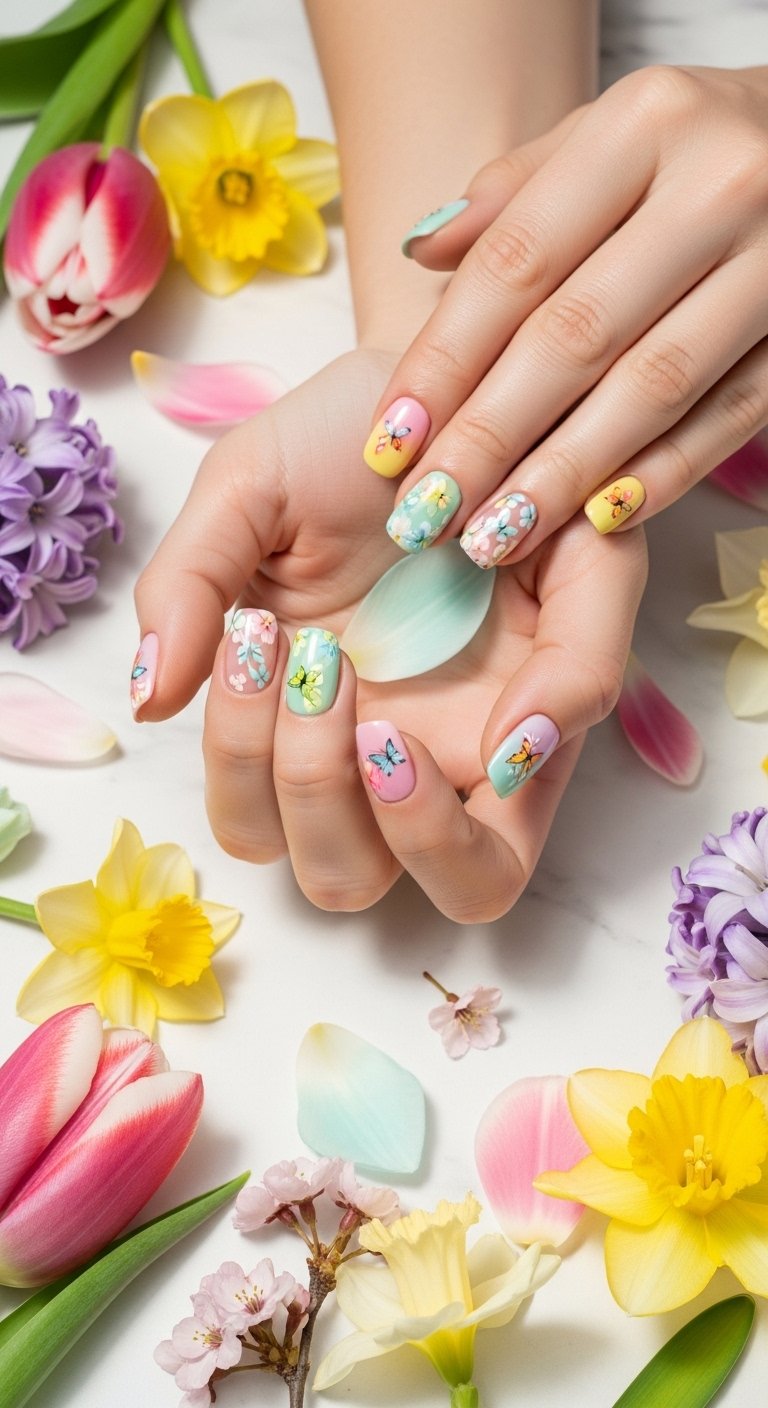 A stunning spring nails editorial featuring beautifully manicured hands with pastel florals, butterfly accents, glazed donut chrome, and vibrant color-blocked designs surrounded by fresh spring flowers, showcasing 20 spring nails ideas for fresh blooming manicures to welcome the sunshine.