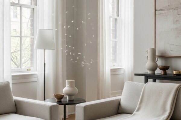 A beautifully styled quiet luxury living room featuring neutral tones, fresh white flowers, quality leather books, cashmere throw, and soft natural light, illustrating 20 rich life aesthetic ideas on how to cultivate quiet luxury and an elevated lifestyle without breaking the bank.