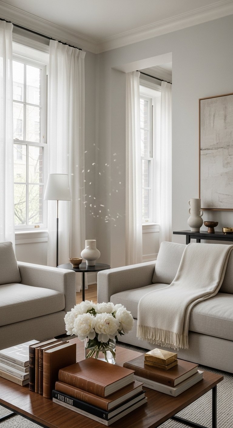A beautifully styled quiet luxury living room featuring neutral tones, fresh white flowers, quality leather books, cashmere throw, and soft natural light, illustrating 20 rich life aesthetic ideas on how to cultivate quiet luxury and an elevated lifestyle without breaking the bank.