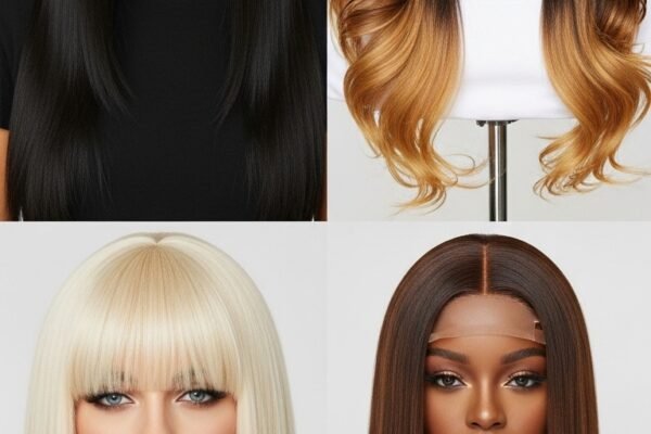 A stunning beauty editorial showcasing diverse chic straight wig hairstyles including sleek bobs, long layers, bangs, ponytails, and ombre styles on beautiful women, illustrating 20 straight wig hairstyles ideas to transform your look with versatile and glamorous straight wig options.