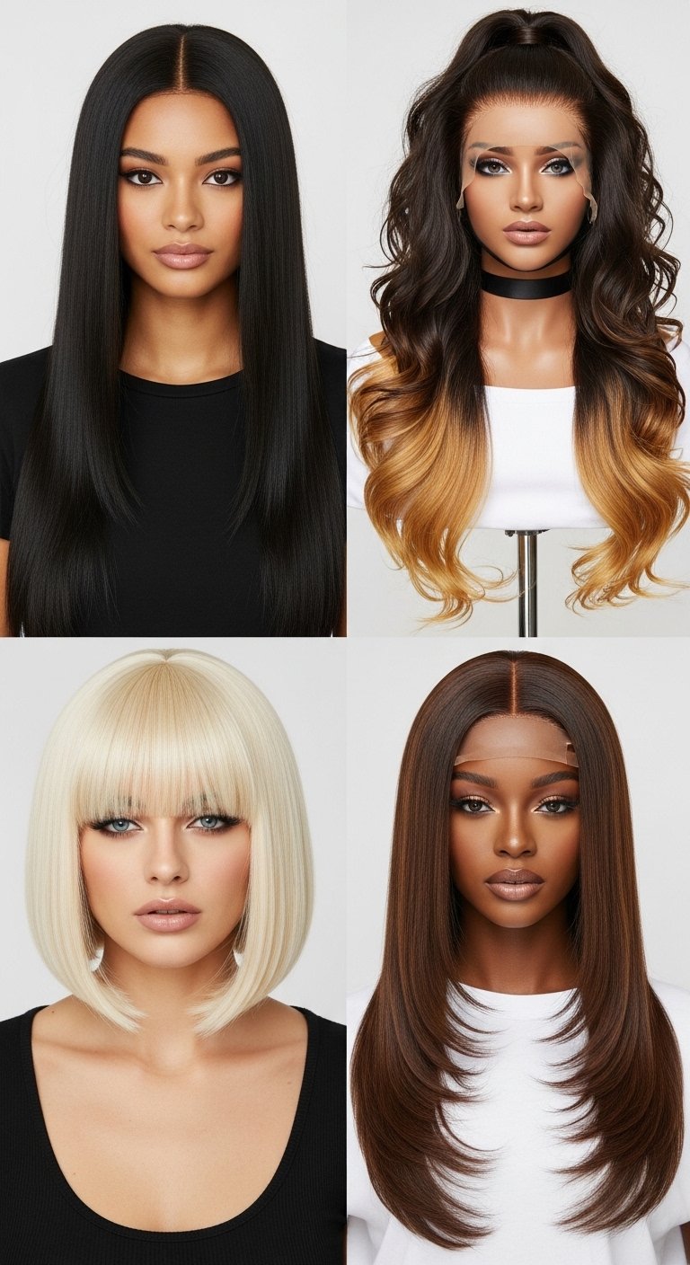 A stunning beauty editorial showcasing diverse chic straight wig hairstyles including sleek bobs, long layers, bangs, ponytails, and ombre styles on beautiful women, illustrating 20 straight wig hairstyles ideas to transform your look with versatile and glamorous straight wig options.