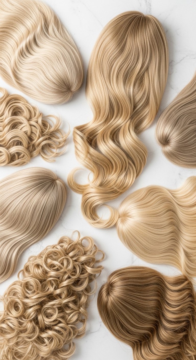 A collection of beautiful blonde wig styles displayed together, including straight, wavy, curly, honey blonde, platinum blonde, and balayage options, representing the ultimate guide to 15 blonde wig ideas for every style and preference.
