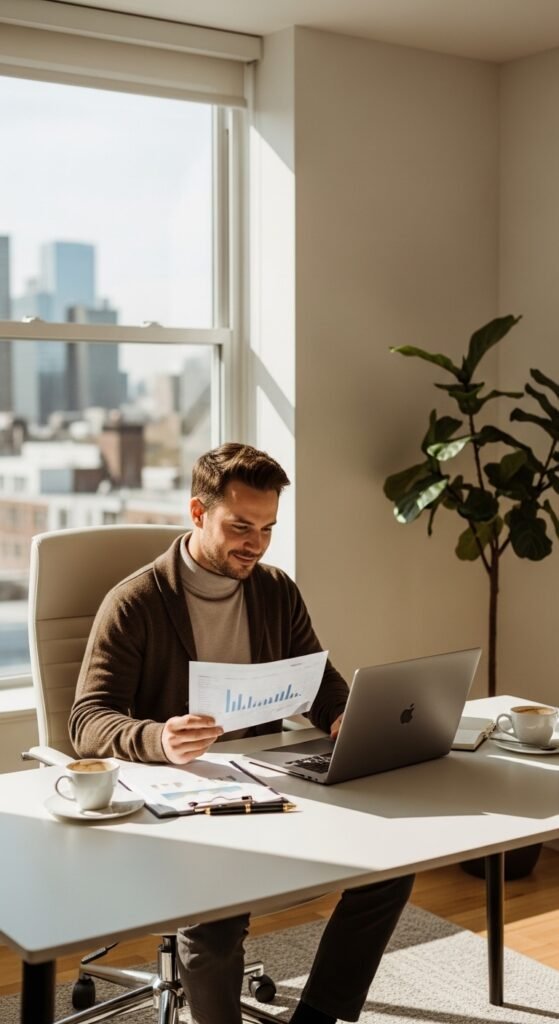 A beautifully styled aspirational millionaire lifestyle scene featuring a luxurious penthouse living room, financial planning books, investment charts, elegant decor, and golden lighting, showcasing 22 millionaire lifestyle ideas as a blueprint for achieving financial freedom and living rich.