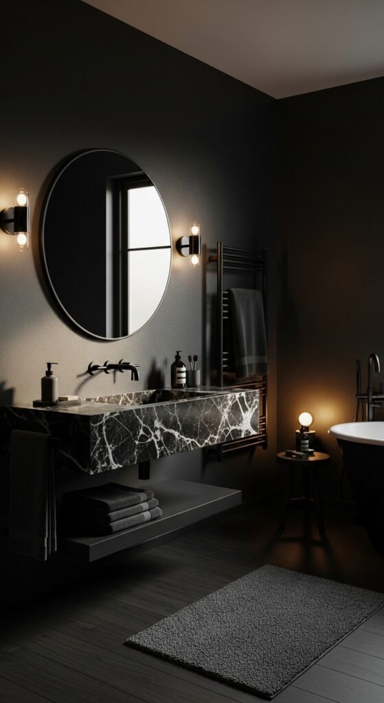 A beautifully transformed moody bathroom featuring dark walls, black tile, warm layered lighting, gold brass fixtures, freestanding tub, and lush plants, showcasing 20 moody bathroom ideas to create a dramatic and luxurious sanctuary at home.