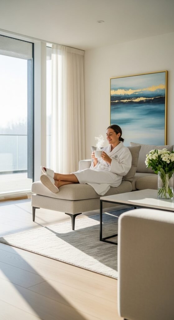 A beautifully styled aspirational millionaire lifestyle scene featuring a luxurious penthouse living room, financial planning books, investment charts, elegant decor, and golden lighting, showcasing 22 millionaire lifestyle ideas as a blueprint for achieving financial freedom and living rich.