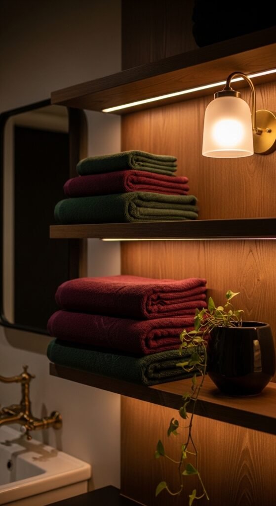 A beautifully transformed moody bathroom featuring dark walls, black tile, warm layered lighting, gold brass fixtures, freestanding tub, and lush plants, showcasing 20 moody bathroom ideas to create a dramatic and luxurious sanctuary at home.
