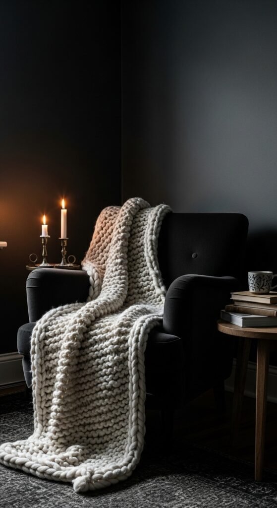 A beautifully transformed moody living room featuring dark walls, warm layered lighting, plush velvet sofa, rich wood furniture, heavy curtains, and curated accessories, showcasing 25 moody living room ideas to create a cozy and dramatic haven at home.