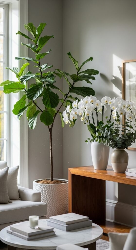 A beautifully styled quiet luxury living room featuring neutral tones, fresh white flowers, quality leather books, cashmere throw, and soft natural light, illustrating 20 rich life aesthetic ideas on how to cultivate quiet luxury and an elevated lifestyle without breaking the bank.