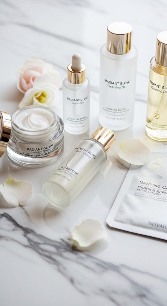 A breathtaking close-up beauty portrait of a woman with flawless dewy glass skin reflecting light beautifully, surrounded by elegant Korean skincare products on a white marble surface, showcasing 15 glass skin routine ideas as a complete guide to achieving the ultimate Korean glow.