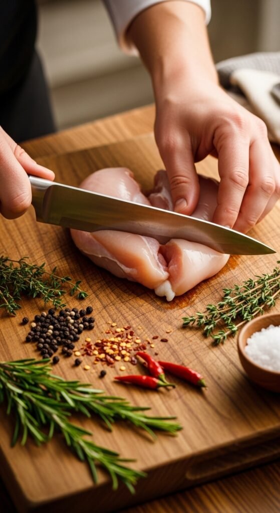 A beautifully styled spread of multiple delicious chicken dinner dishes including golden roasted chicken, creamy pasta, and spicy stir fry arranged on a rustic wooden dining table, showcasing 20 chicken dinner ideas that are easy, flavorful, and perfect for saving your sanity on busy weeknights.