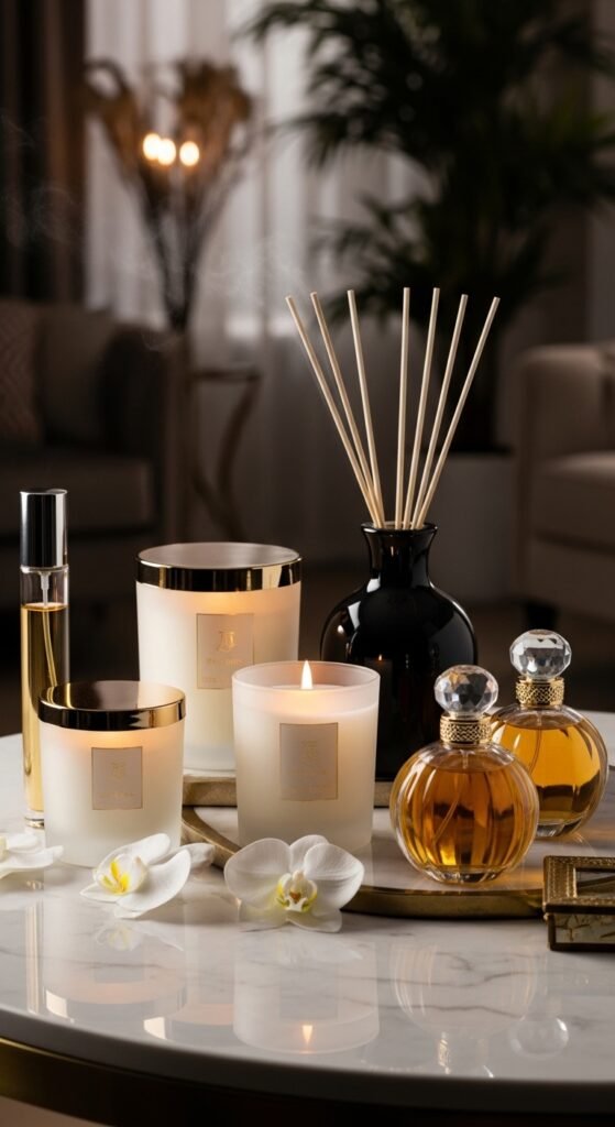 A beautifully styled aspirational millionaire lifestyle scene featuring a luxurious penthouse living room, financial planning books, investment charts, elegant decor, and golden lighting, showcasing 22 millionaire lifestyle ideas as a blueprint for achieving financial freedom and living rich.