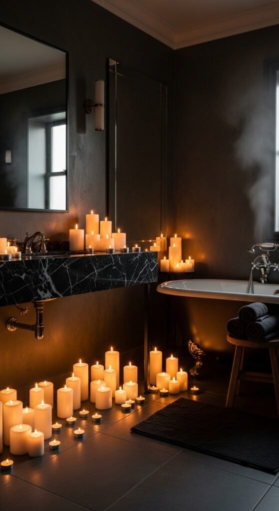 A beautifully transformed moody bathroom featuring dark walls, black tile, warm layered lighting, gold brass fixtures, freestanding tub, and lush plants, showcasing 20 moody bathroom ideas to create a dramatic and luxurious sanctuary at home.