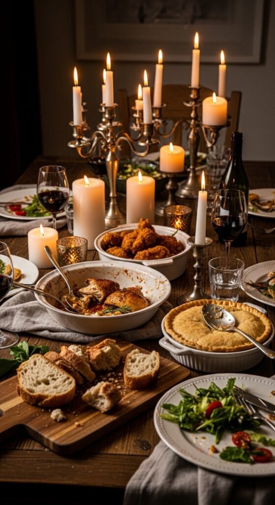 A beautifully styled spread of multiple delicious chicken dinner dishes including golden roasted chicken, creamy pasta, and spicy stir fry arranged on a rustic wooden dining table, showcasing 20 chicken dinner ideas that are easy, flavorful, and perfect for saving your sanity on busy weeknights.