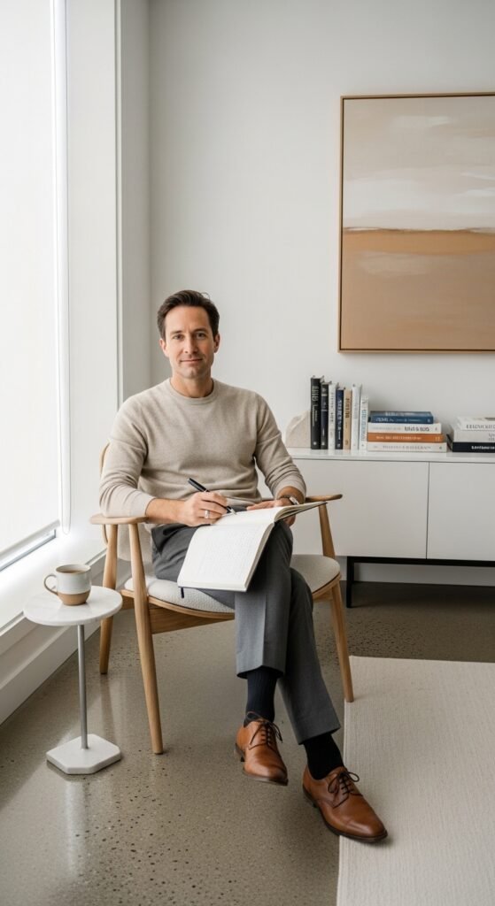 A beautifully styled quiet luxury living room featuring neutral tones, fresh white flowers, quality leather books, cashmere throw, and soft natural light, illustrating 20 rich life aesthetic ideas on how to cultivate quiet luxury and an elevated lifestyle without breaking the bank.