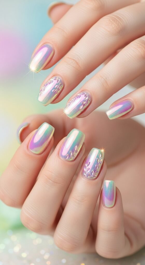 A stunning spring nails editorial featuring beautifully manicured hands with pastel florals, butterfly accents, glazed donut chrome, and vibrant color-blocked designs surrounded by fresh spring flowers, showcasing 20 spring nails ideas for fresh blooming manicures to welcome the sunshine.