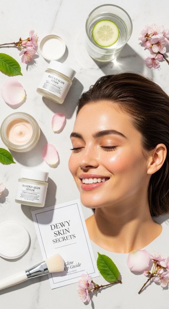 A breathtaking close-up beauty portrait of a woman with flawless dewy glass skin reflecting light beautifully, surrounded by elegant Korean skincare products on a white marble surface, showcasing 15 glass skin routine ideas as a complete guide to achieving the ultimate Korean glow.