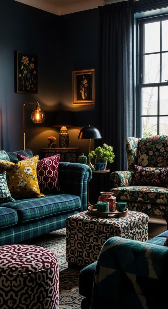 A beautifully transformed moody living room featuring dark walls, warm layered lighting, plush velvet sofa, rich wood furniture, heavy curtains, and curated accessories, showcasing 25 moody living room ideas to create a cozy and dramatic haven at home.