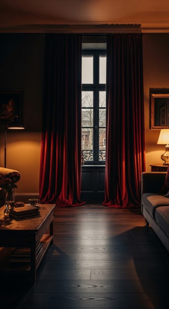 A beautifully transformed moody living room featuring dark walls, warm layered lighting, plush velvet sofa, rich wood furniture, heavy curtains, and curated accessories, showcasing 25 moody living room ideas to create a cozy and dramatic haven at home.