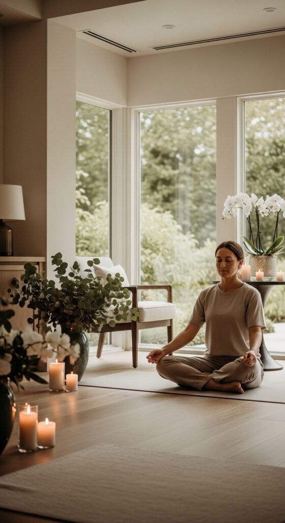 A beautifully styled luxury lifestyle scene featuring an elegant penthouse living room with fresh flowers, gold accents, quality books, warm dramatic lighting, and floor-to-ceiling city views, showcasing 24 luxury lifestyle ideas to transform your everyday existence into an extraordinary and fulfilling life.