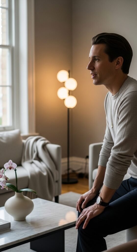 A beautifully styled quiet luxury living room featuring neutral tones, fresh white flowers, quality leather books, cashmere throw, and soft natural light, illustrating 20 rich life aesthetic ideas on how to cultivate quiet luxury and an elevated lifestyle without breaking the bank.
