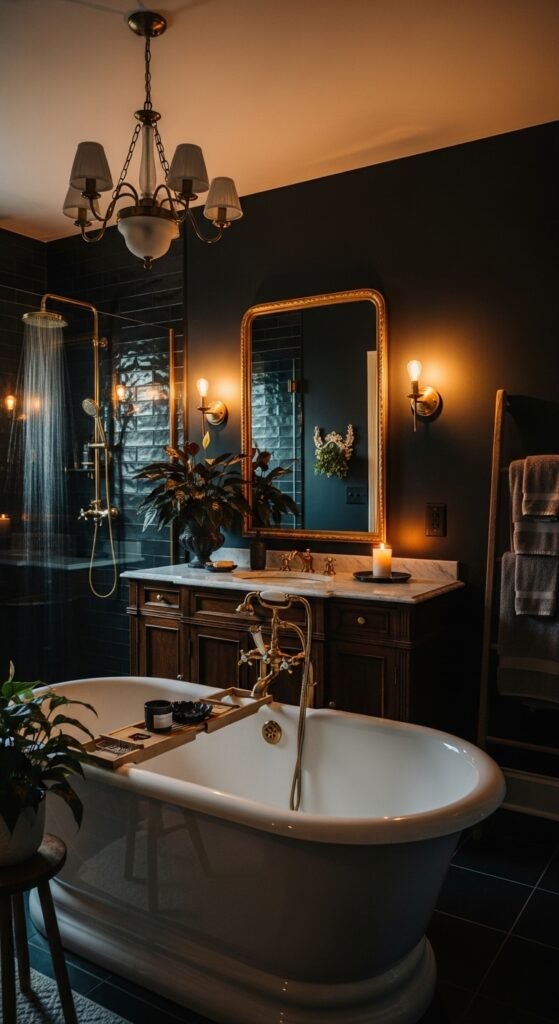 A beautifully transformed moody bathroom featuring dark walls, black tile, warm layered lighting, gold brass fixtures, freestanding tub, and lush plants, showcasing 20 moody bathroom ideas to create a dramatic and luxurious sanctuary at home.