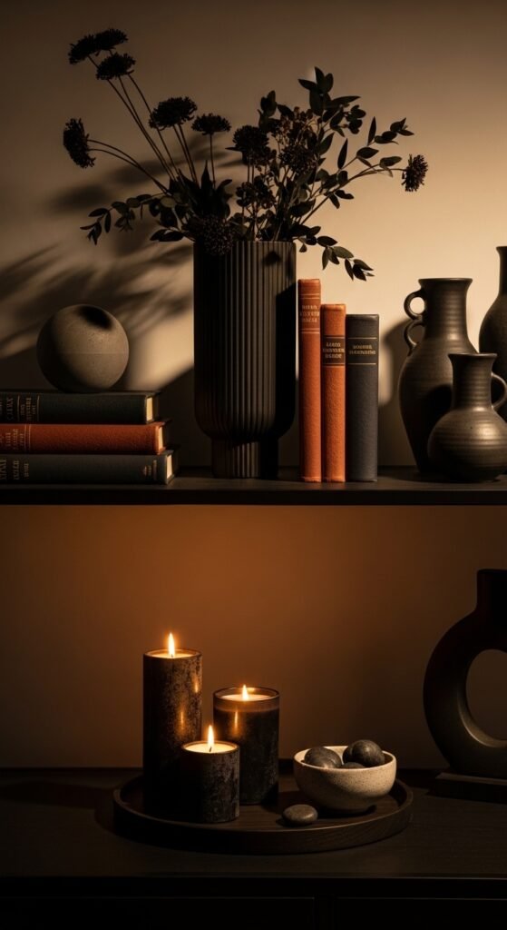 A beautifully transformed moody living room featuring dark walls, warm layered lighting, plush velvet sofa, rich wood furniture, heavy curtains, and curated accessories, showcasing 25 moody living room ideas to create a cozy and dramatic haven at home.