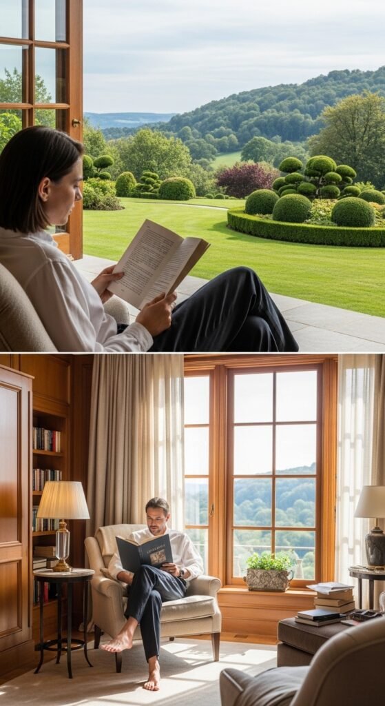 A beautifully styled luxury lifestyle scene featuring an elegant penthouse living room with fresh flowers, gold accents, quality books, warm dramatic lighting, and floor-to-ceiling city views, showcasing 24 luxury lifestyle ideas to transform your everyday existence into an extraordinary and fulfilling life.