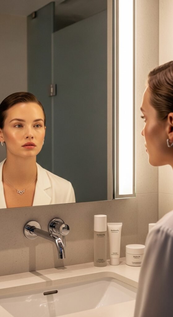 A beautifully styled quiet luxury living room featuring neutral tones, fresh white flowers, quality leather books, cashmere throw, and soft natural light, illustrating 20 rich life aesthetic ideas on how to cultivate quiet luxury and an elevated lifestyle without breaking the bank.