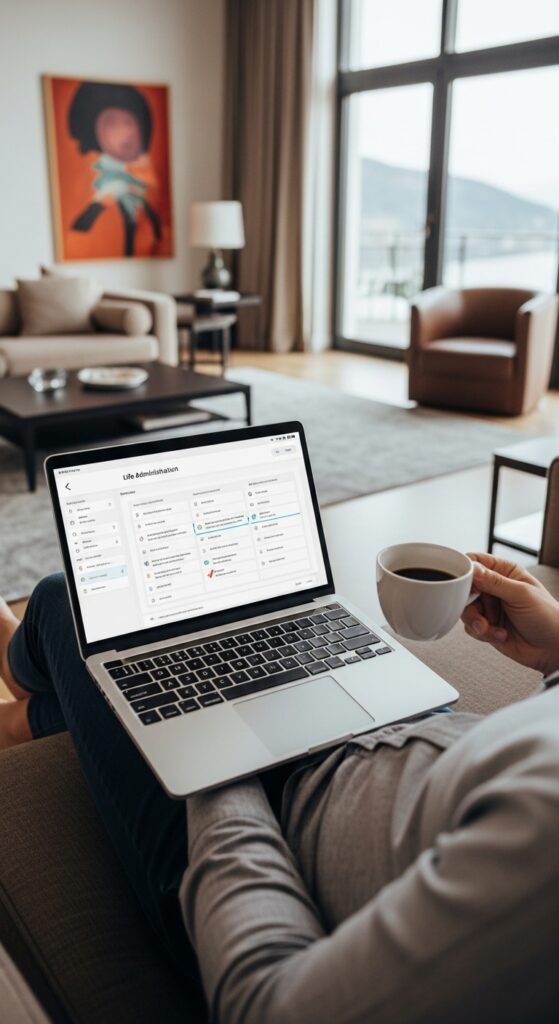 A beautifully styled luxury lifestyle scene featuring an elegant penthouse living room with fresh flowers, gold accents, quality books, warm dramatic lighting, and floor-to-ceiling city views, showcasing 24 luxury lifestyle ideas to transform your everyday existence into an extraordinary and fulfilling life.