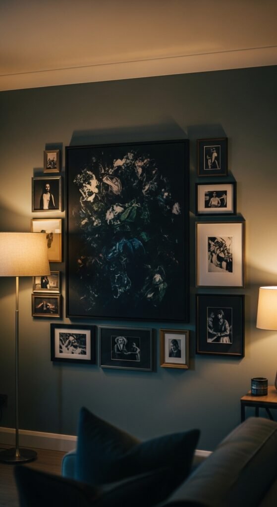 A beautifully transformed moody living room featuring dark walls, warm layered lighting, plush velvet sofa, rich wood furniture, heavy curtains, and curated accessories, showcasing 25 moody living room ideas to create a cozy and dramatic haven at home.